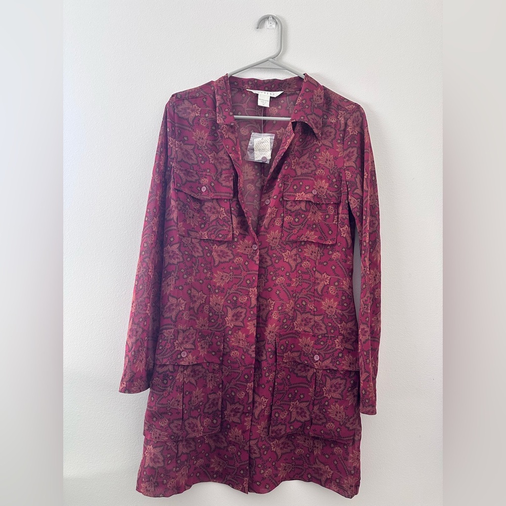 Express Internationale  Burgundy and Brown Floral Sheer Tunic
